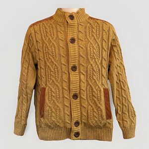Fishermans Cable Knit Pile Fleece Lined Velvet Trim Cardigan Mens XL Camel Cozy